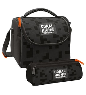 Coral High Erkek Çocuk Siyah Blok Desenli Thermo Beslenme Çantası ve Üç Bölmeli Kalem Çantası Seti