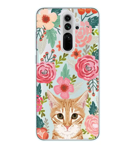 Redmi Note 8 Pro Uyumlu Kedi ve Çiçek Desenli Şeffaf Telefon Kılıfı