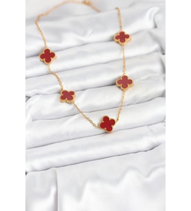 316L Çelik Gold Renk Zincir Bordo Yonca Kadın Kolye 5886 - HPSBYI9942-3684