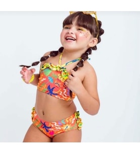 Cg Kids Renkli Desenli Fırfırlı Boyundan Bağlamalı Kız Çocuk Bikini Takım