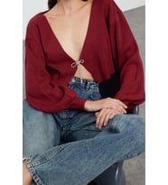 Kadın Modern Tarz Regular V Yaka Crop Triko Hırka (Bordo)