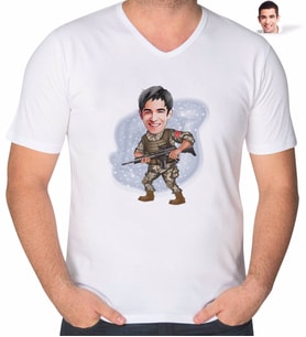 BK Gift Kişiye Özel Asker Karikatürlü V Yaka Tişört-1 (Beyaz)