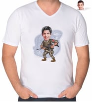 BK Gift Kişiye Özel Asker Karikatürlü V Yaka Tişört-1 (Beyaz)