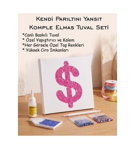 Taşlı Elmas Mozaik Tuval Seti - Pembe Dolar Sembolü