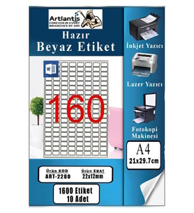 A4 Hazır Etiket 22x12 mm 10 Sayfa 1 Paket 160 lı Kendinden Yapışkanlı Fotokopi Lazer İnkjet Kağıdı Yazıcılar İçin Uyumlu (Beyaz)