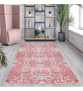 Pembe Çiçek Desenli Yıkanabilir Kaymaz Taban Leke Tutmaz Modern Salon Halısı ve Yolluk