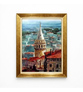 Tablore Galata Kulesi İstanbul Manzaralı Çerçeveli Tablo Suluboya Efektli Salon Duvar Dekorasyonu