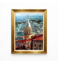 Tablore Galata Kulesi İstanbul Manzaralı Çerçeveli Tablo Suluboya Efektli Salon Duvar Dekorasyonu