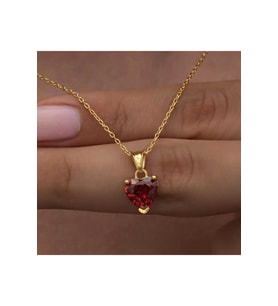 Gümüş Gold Kırmızı Taşlı Kalpli Kadın Kolye CSR2181045