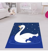 Beyaz Kuğu Yıldız Desenli Dijital Baskı Yıkanabilir Kaymaz Taban Çocuk ve Bebek Odası Halısı (Lacivert)