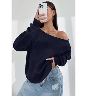 Ghassy Co. Kadın Kayık Yaka %100 Cotton 3 İplik Şardonlu Termal Kışlık Spor Üst Model Sweatshirt (Lacivert)