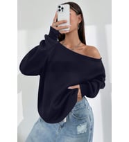 Ghassy Co. Kadın Kayık Yaka %100 Cotton 3 İplik Şardonlu Termal Kışlık Spor Üst Model Sweatshirt (Lacivert)