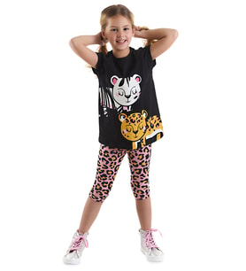 Leopar ve Zebra Kız Çocuk Tunik Tayt Takım (Pembe)