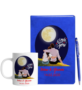 Sevgililer Gününe Özel Mavi Defter Kalem & Kupa Hediye Seti 3