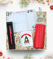 Yılbaşı Temalı Kişiye Özel Kupa & Özel Deri Kılıflı 500 ML Kırmızı Su Matarası & Gümüş Renk Detaylı Kırmızı Tükenmez Kalem & Haftalık Planner Yılbaşı Hediye Seti