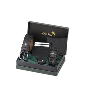 Polo Air Erkek Kol Saati Kemer Cüzdan Kartlık Çakmak Hediyelik Kutusunda Siyah Set PL-7045E1