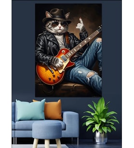 Gitar Çalan Karizmatik Kedi Portresi Dekoratif Kanvas - Mdf Ahşap Tablo