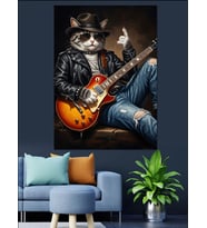 Gitar Çalan Karizmatik Kedi Portresi Dekoratif Kanvas - Mdf Ahşap Tablo