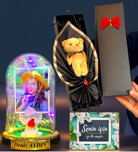 Kişiye Özel Renkli Led Işıklı Fanus ve Kutusunda Kahverengi Ayıcık Buketi (Model 4)