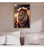 Metal Çerçeveli Temperli Cam Tablo Stadyumda Aslan (Gold)