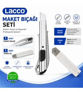 Lacco Alumunex Maket Bıçağı Seti 1 Maket Bıçağı + 1 Yedek Uç 18 mm Alüminyum Gövde Profesyonel Kesici