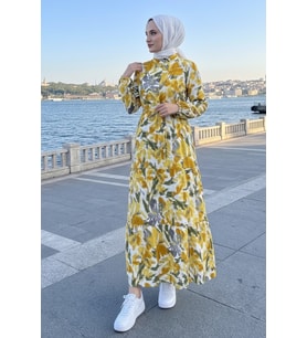 Çiçek Desenli Modal Elbise 1713 - Sarı