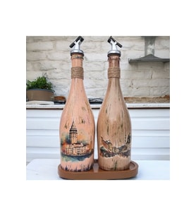 İstanbul Manzarası Desenli Sunum Stantlı 2'li 750 ml Zeytinyağı Sıvıyağ Şişesi Yağdanlık Yağlık (Çok Renkli)