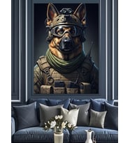 Askeri Teçhizatlı Köpek Asker Dekoratif Kanvas - Mdf Ahşap Tablo