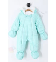YENİ Eldivenli Kapüşonlu Patikli İçi Peluş Çocuk Kar Kışlık Erkek Bebek Astronot Tulum Kozmonot Mont (Su Yeşili)