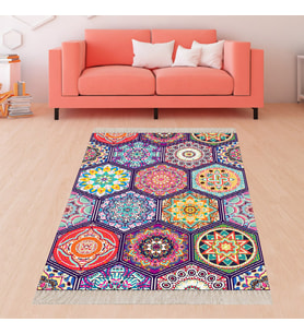 Mandala Desenli Çiçekli Dijital Baskı Yıkanabilir Kaymaz Taban Etnik Salon Halısı ve Yolluk (Çok Renkli)