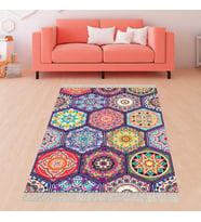 Mandala Desenli Çiçekli Dijital Baskı Yıkanabilir Kaymaz Taban Etnik Salon Halısı ve Yolluk (Çok Renkli)