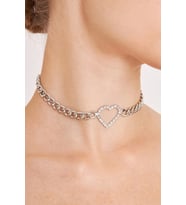 Kadın Kalın Zincirli Ortası Kalp Model Kristal Zirkon Taşlı Gümüş Kaplama Gerdanlık Tasma Choker