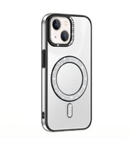 iPhone 14 Kılıf Pırlanta Taş Tasarımlı M-safe Şarj Özellikli Karetta Silikon Kılıf (Siyah)