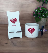 Love Sevgili Hediye Sepeti Kupa Bardak T Kulplu ve Ahşap Telefon Standı Sevgiliye Sevgililer Günü Hediyesi (Model 2)