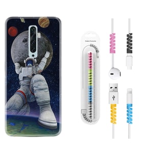 Oppo Reno 2Z 4 Lite 4 Pro 5 6 7 A31 Kılıf Kablo Koruma Spiral Silikon Astronot ve Dünya 1759