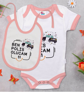 BK Kids Polis Olucam Tasarımlı Pembe Bebek Body Zıbın ve Mama Önlüğü Hediye Seti-1