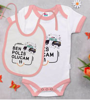 BK Kids Polis Olucam Tasarımlı Pembe Bebek Body Zıbın ve Mama Önlüğü Hediye Seti-1