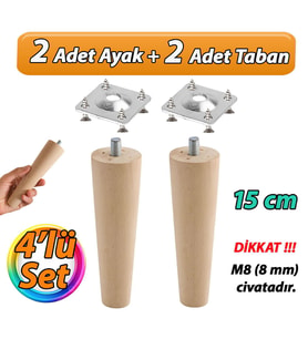 Ahşap Ayak 15 Cm 4'lü Set M8 Civatalı Bağlantı Aparatlı Dolap Mobilya Koltuk Kanepe Destek Ayağı Ayakları