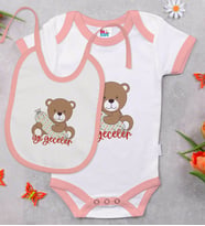 BK Kids Sevimli Ayıcık Tasarımlı Pembe Bebek Body Zıbın ve Mama Önlüğü Hediye Seti-1
