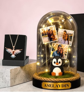 Kişiye Özel Led Işıklı Penguen Fanus & Renkli Anka Kuşu Kolye Hediye Seti