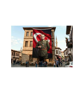 Askeri Üniformalı Başkomutan Mustafa Kemal Atatütk ve Türk Bayrağı Poster Bayrak Premium Raşel Kumaş ATA82