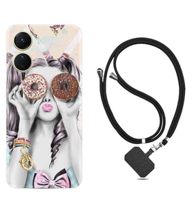 Vivo Y16 Kılıf Resimli Boyun Askılı İpli Desenli Silikon Donut Girl 1408