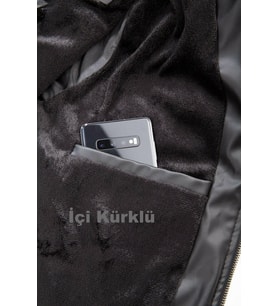 Erkek Siyah Slim Fit İçi Kalın Kürklü Su İtici Şişme Deri Ceket & Mont