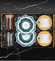 İkili Bambu Tabaklı Porselen Fincan Takımı & Handmade İkili Makrome Bardak Altlığı & Cam Cezve & Bambu Kavanozlu Türk Kahvesi Hediye Seti