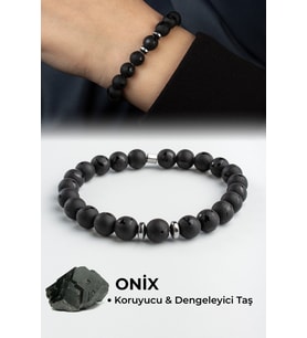 Oniks Doğal Taş Küre Kesim Ay Yıldız Motifli 8mm Bileklik