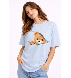 Fermuarlı Ayıcık Baskılı Kadın Tişört Oversize Sevimli Teddy Bear Baskılı Pamuk T-Shirt (Mavi)