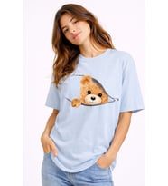 Fermuarlı Ayıcık Baskılı Kadın Tişört Oversize Sevimli Teddy Bear Baskılı Pamuk T-Shirt (Mavi)