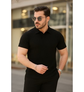 Erkek Kısa Kollu Yakalı çizgi Desenli Triko Bluz