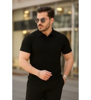 Erkek Kısa Kollu Yakalı çizgi Desenli Triko Bluz