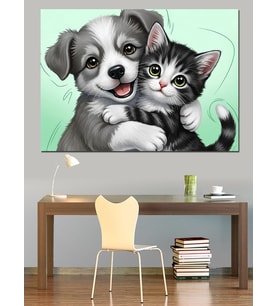 Sarılan Kedi Ve Köpek Dekoratif Kanvas - Mdf Ahşap Tablo